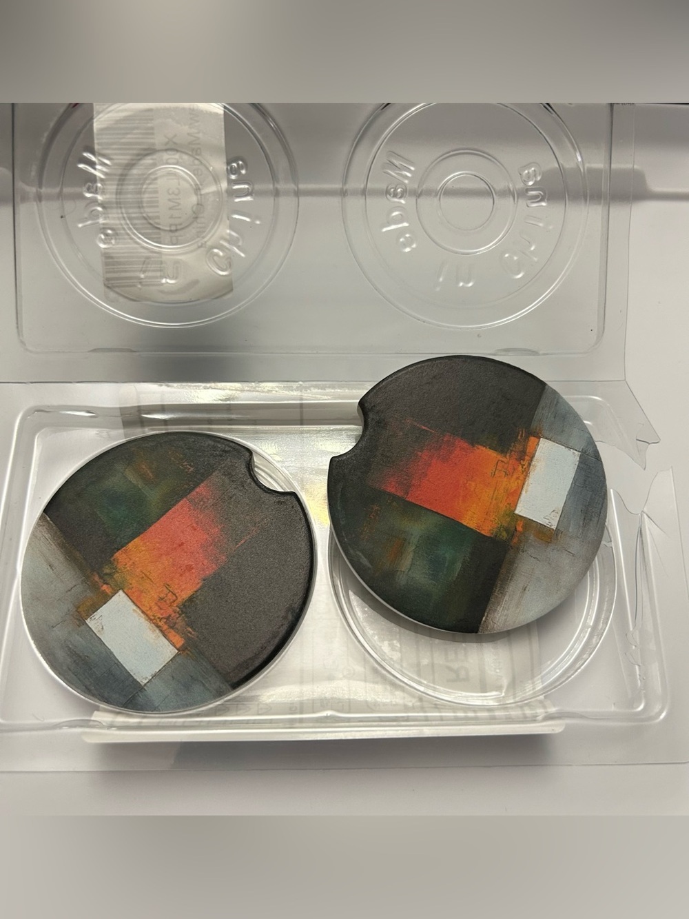 Abstract Print Round Car Coasters - Set of 2 (Black, Orange, Green)
